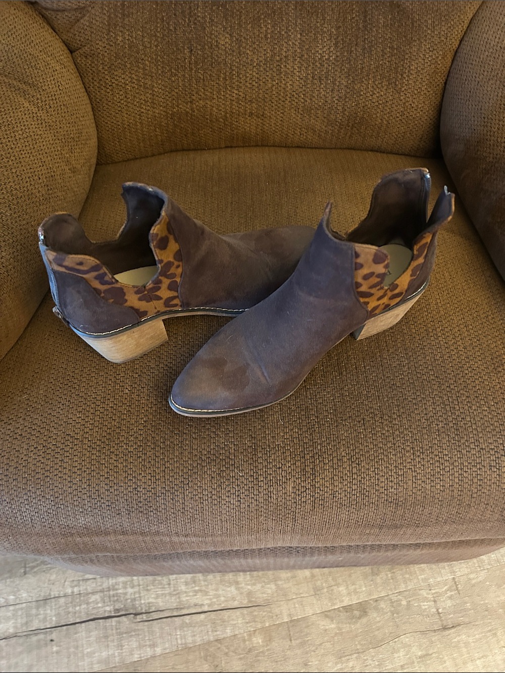 Women’s Brown Heeled Suede-like Ankle Boots with Leopard Accent. Back Zip.